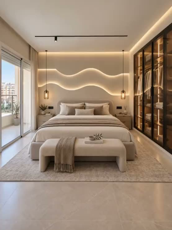 Chambre aux tons de lin, lit et banc en bouclé sous un mur sculpté en vagues